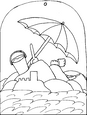 Lamina para colorear dibujos del verano. sombrilla y castillo de arena